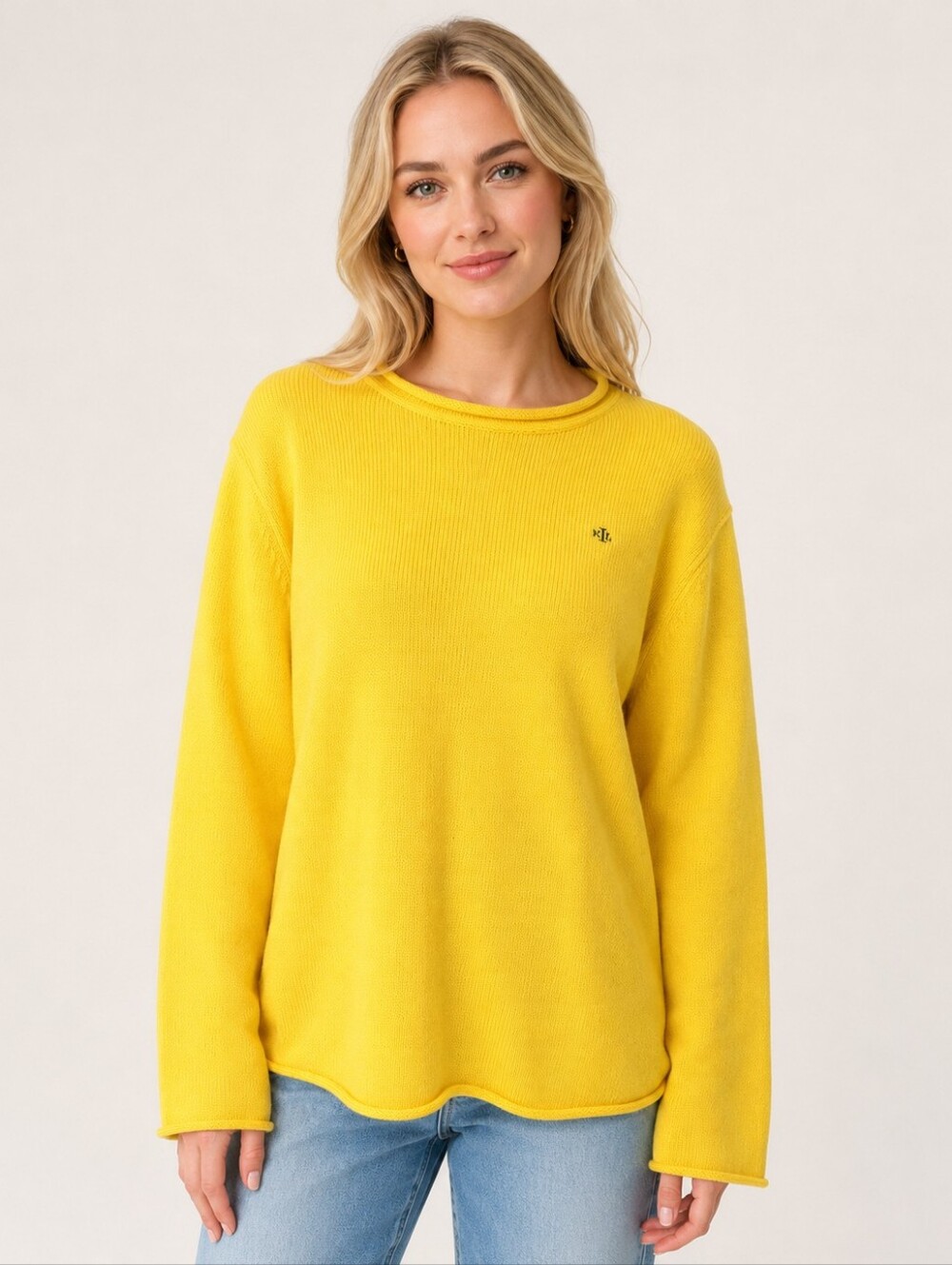 Ralph Lauren Yellow 100% Cotton Crew Rollneck Cable Knit Women Sweater Sz Large